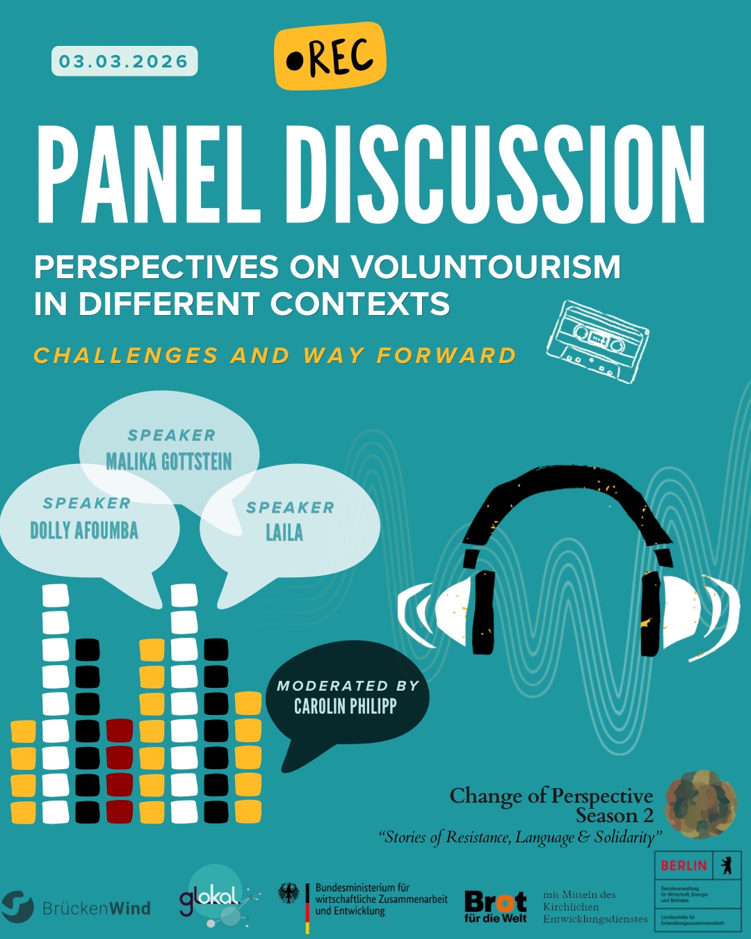 Ankündigungsplakat dafür, dass die Podiumsdiskussion zu Voluntourismus jetzt als Audio-Aufnahme verfügbar ist